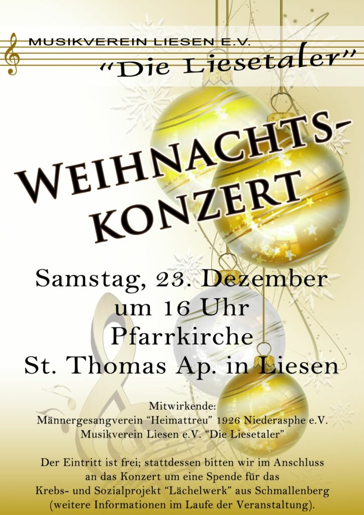 In diesem Jahr laden „Die Liesetaler“ zu einem besinnlichen Weihnachtskonzert ein: Alle Musikfreunde sind am 23. Dezember um 16 Uhr in der St.-Thomas-Kirche Liesen willkommen.
